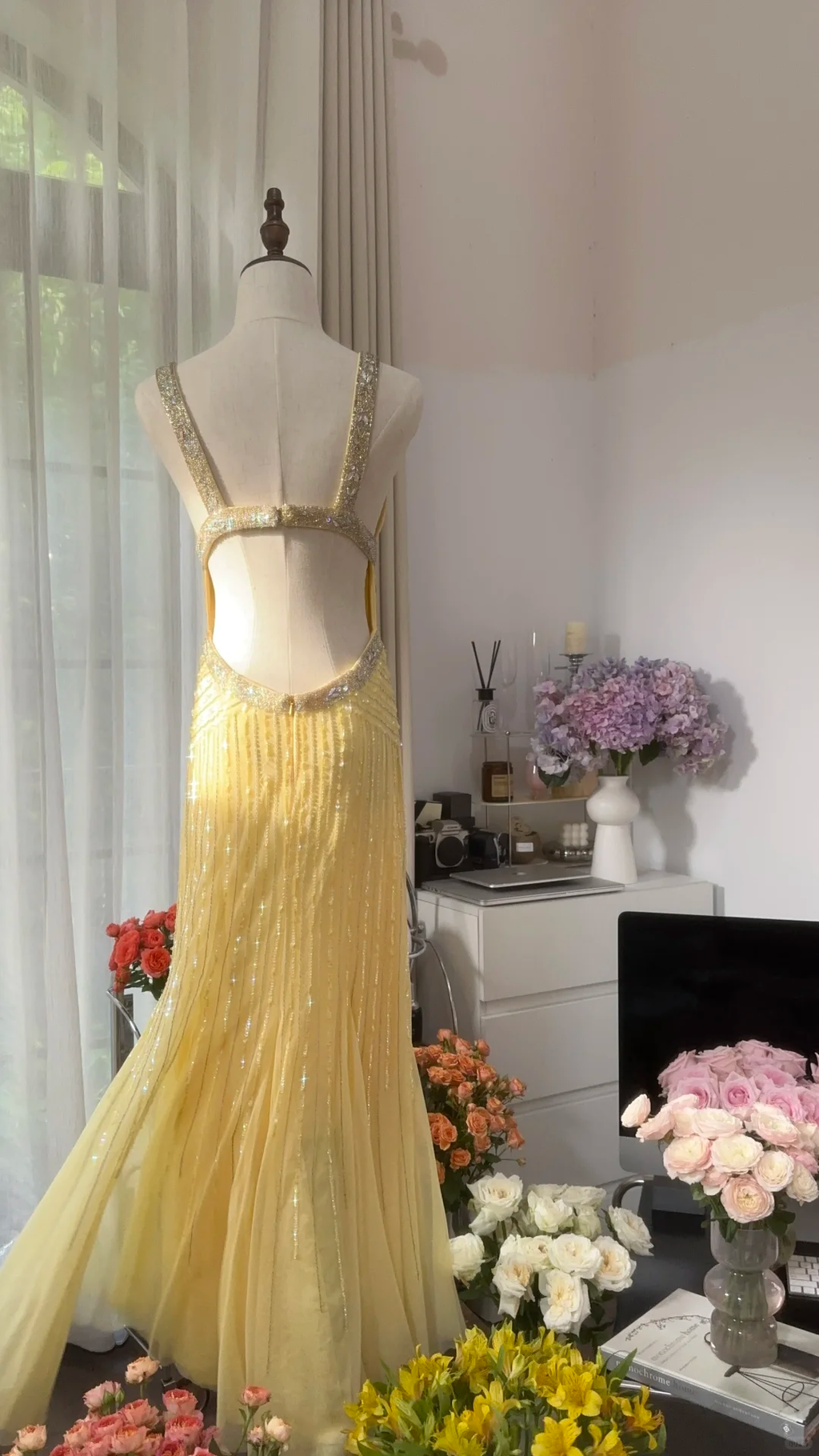 Lit Yellow Gorgeous Shiny Fashion Elegant Exquisite Beaded Long Tulle Backless Fairy Ball Gown Evening Dress Birthday/Wedding Guest/Holiday Party Dress Prom Dress Valentine's Day Date Dress 4034