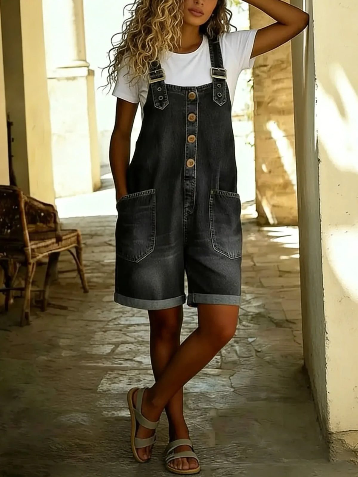 Women's Y2K Denim Shortalls Button Front Wide Leg Loose Bib Jean Overalls Shorts Romper Jumpsuits Vintage