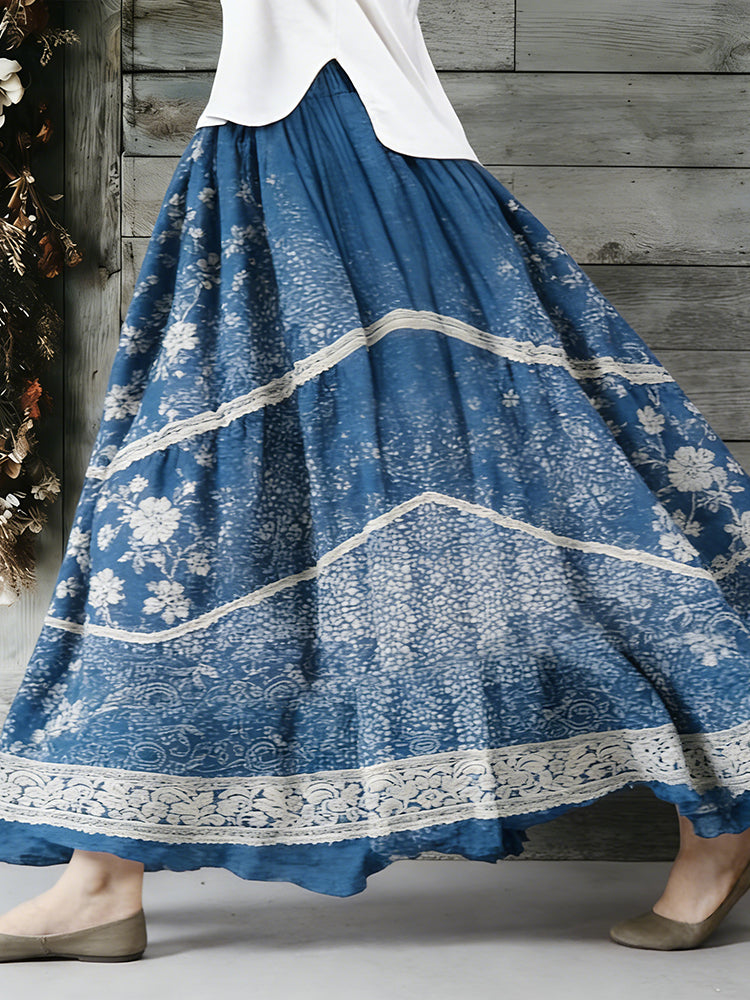 Vintage Japanese Traditional Sashiko Art Pattern Linen Blend Casual Skirt
