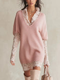 Pink Lace Trim Oversized Knit Mini Dress