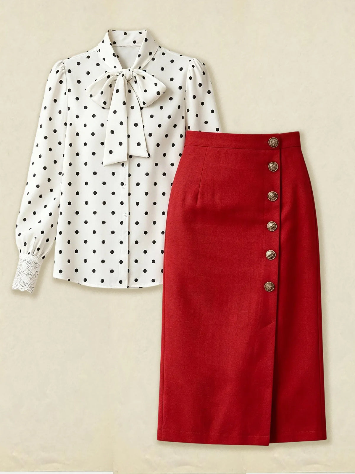 Midi Linen Skirt (Shirt not included.), Plain, Button Design, French Vintage, Red