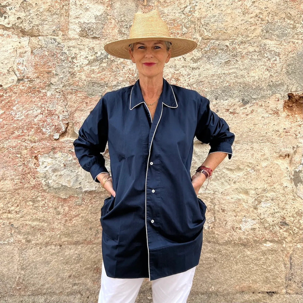 Massi Oversized Piping Shirt - French Resort Mid-Length Blouse | Dadihouse