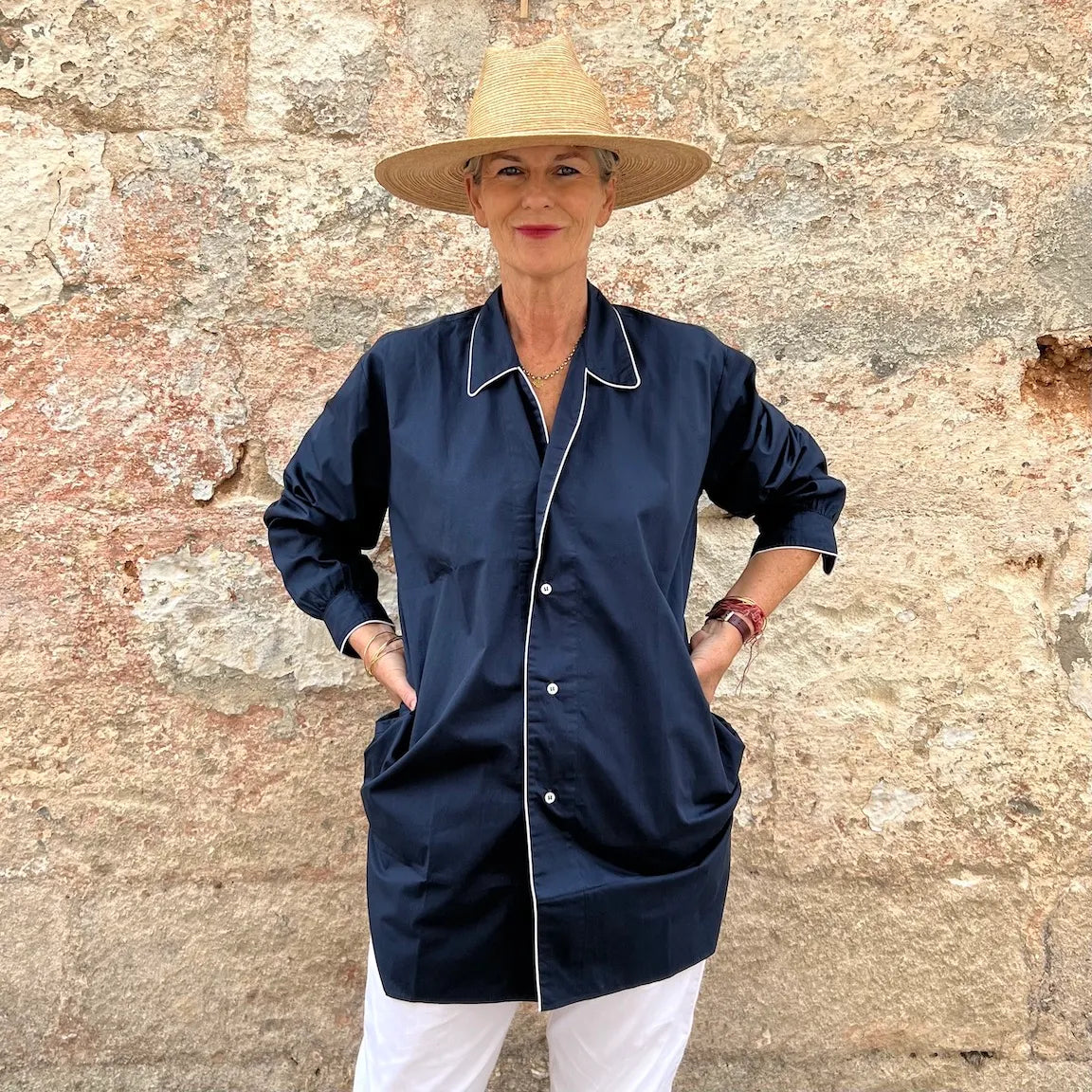 Massi Oversized Piping Shirt - French Resort Mid-Length Blouse | Dadihouse