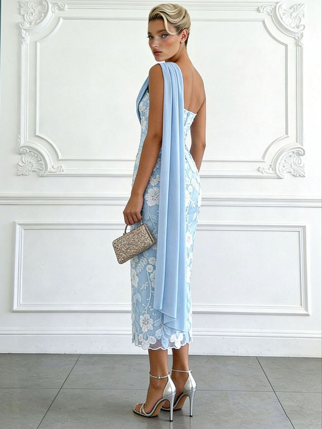 Elegant One-Shoulder Embroidered Lace Draped Midi Dress