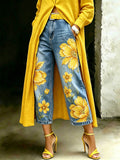 Women's Vintage Flower Art Casual Wide Denim Pants