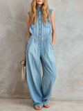 Collared Multi-pocket Sleeveless Denim Jumpsuit