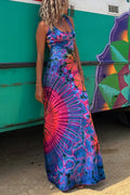 La Bamba Tie-dye Print Back Lace-up Stretch Maxi Dress（With built-in bra）