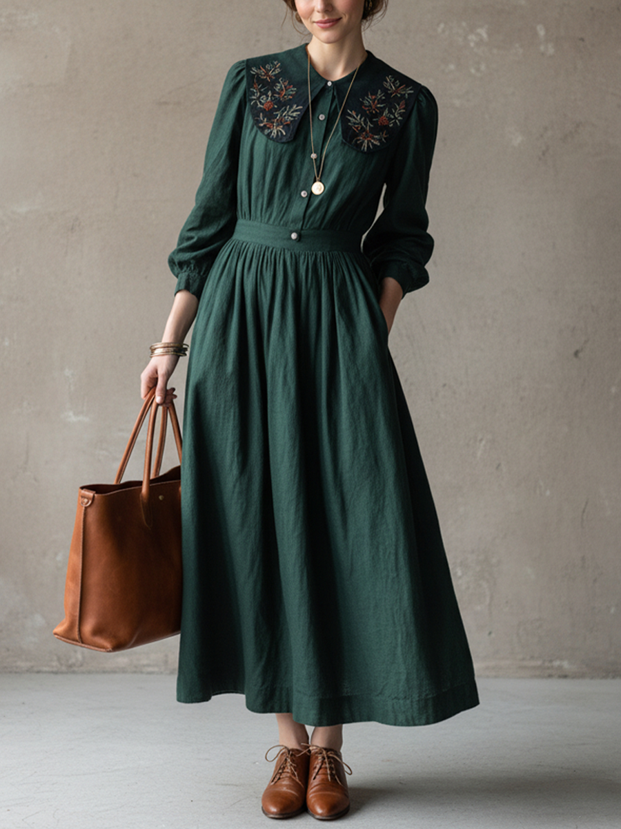 Women’s Retro Dark Green Cotton Linen Embroidered Collar Fitted Waist Long Dress MDZ1737D0GMJ