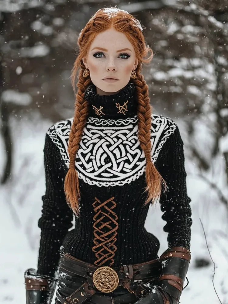 Women's Viking Style Celtic Knot Line Type Knitted High Neck Sweater