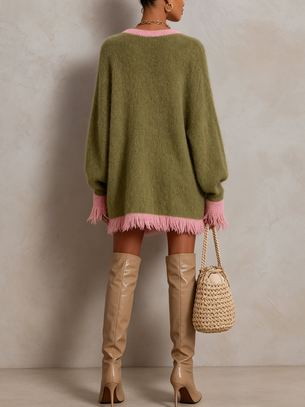 Olive Pink Fringe Trim Oversized Knit Mini Dress