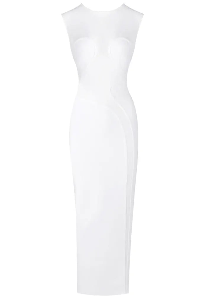 Sleeveless Mesh Insert Maxi Dress White