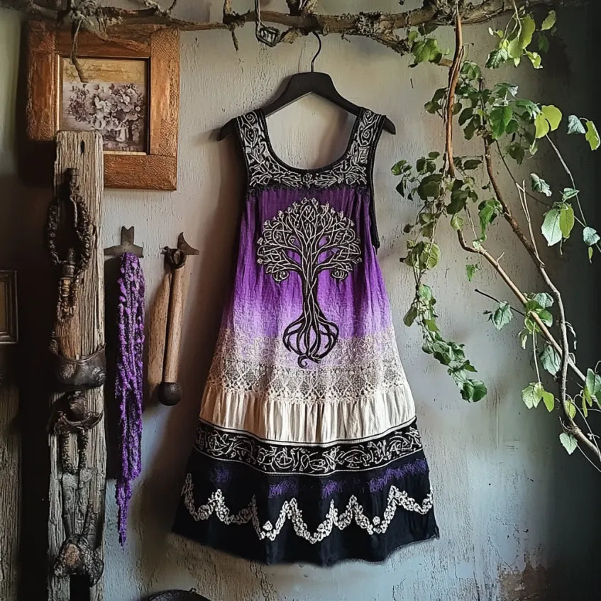 Vintage Tribal Celtic Knot Life Of Tree Patchwork Art Linen Tank Dress