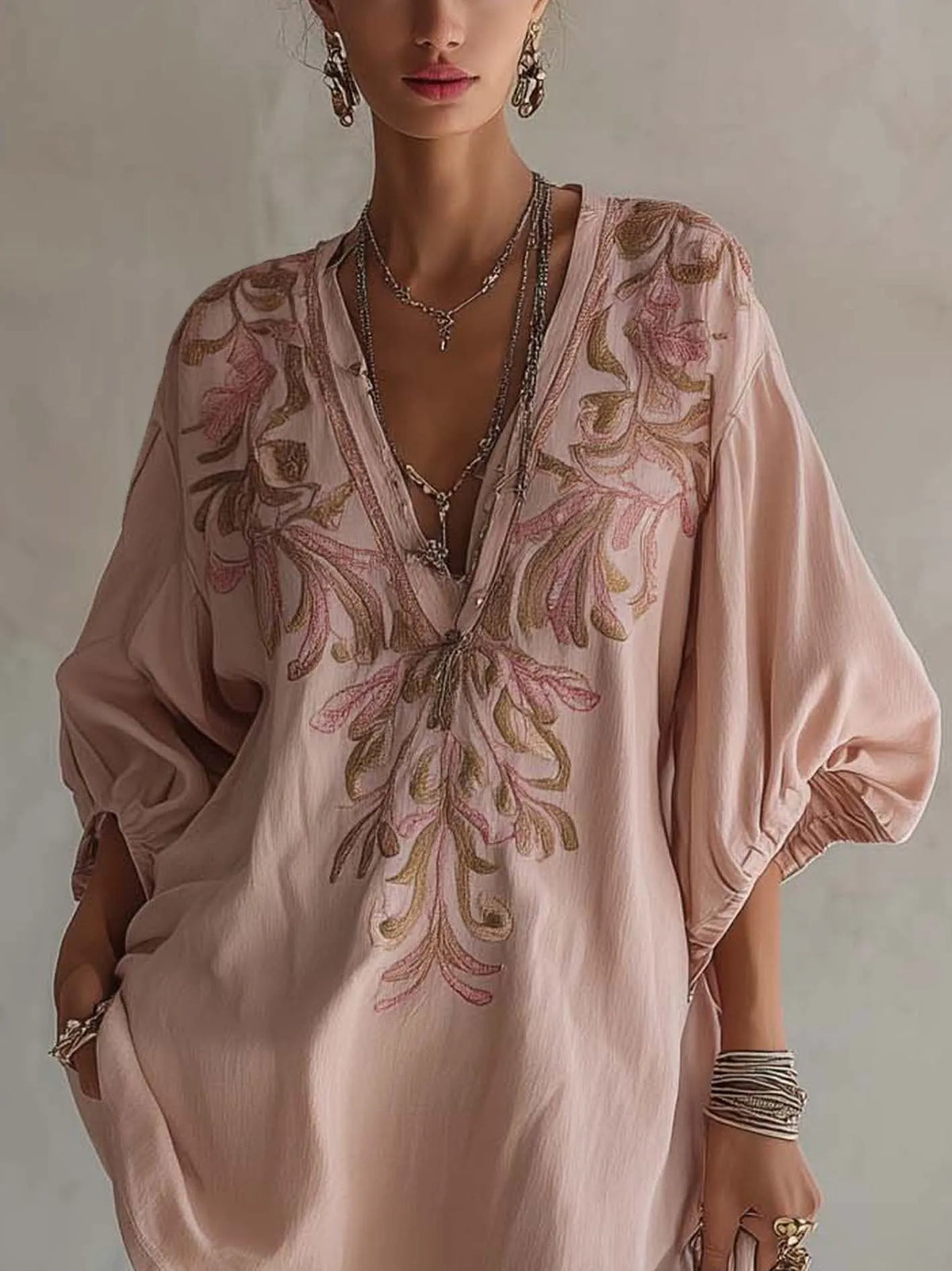 24-Hour-Shipping Pink Cotton Linen Mini Dress With Vintage Floral Embroidery