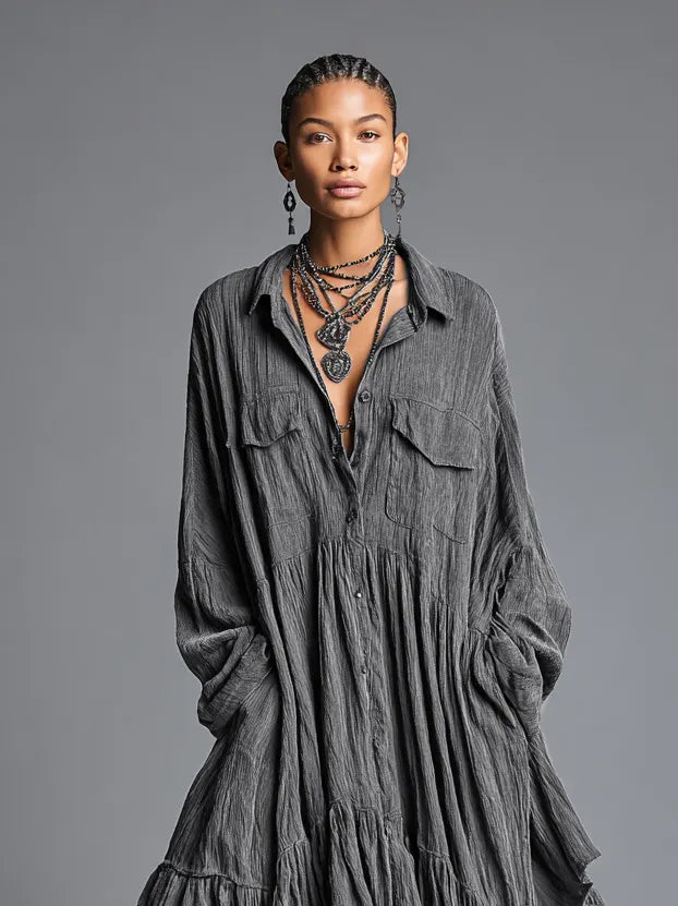 Women's Cotton And Linen Blend Loose Washed Shirt Maxi Dress
