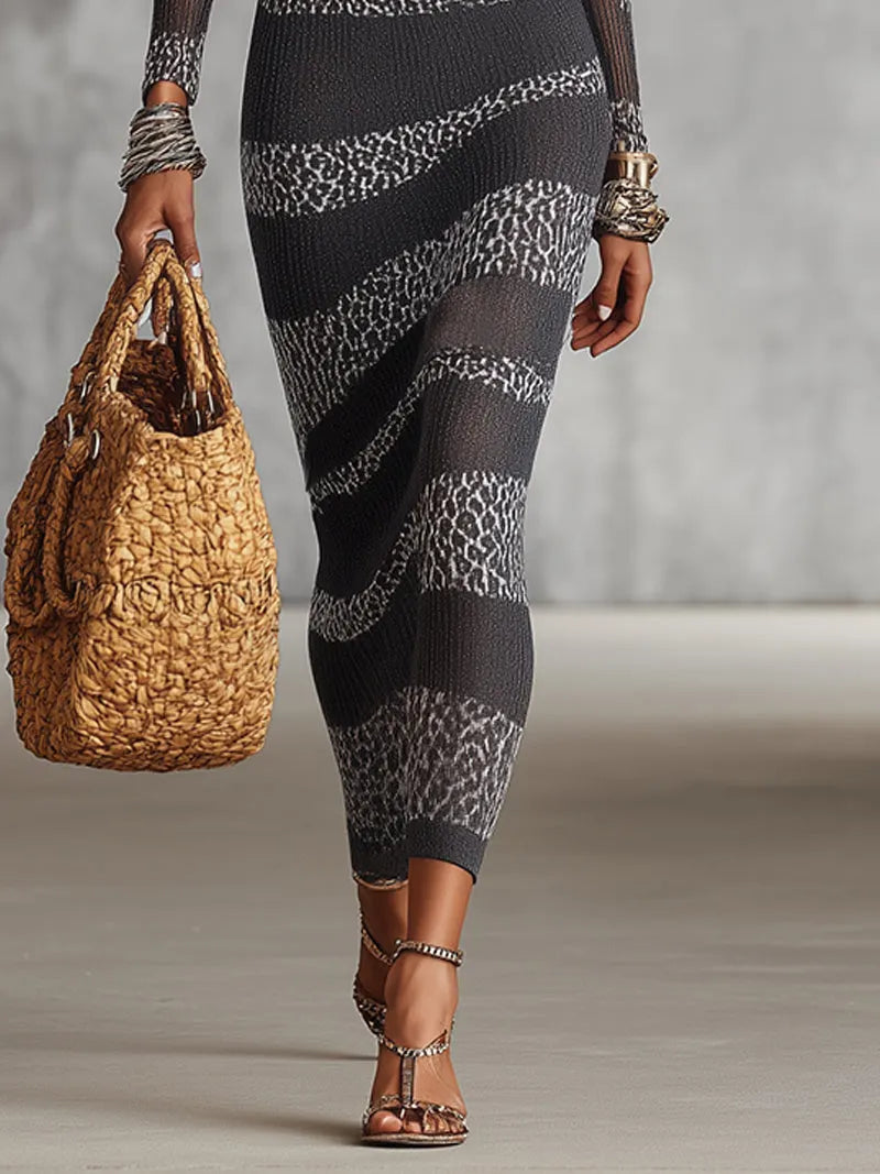 Gray And White Knit Bodycon Dress With Leopard Stripe Detailing
