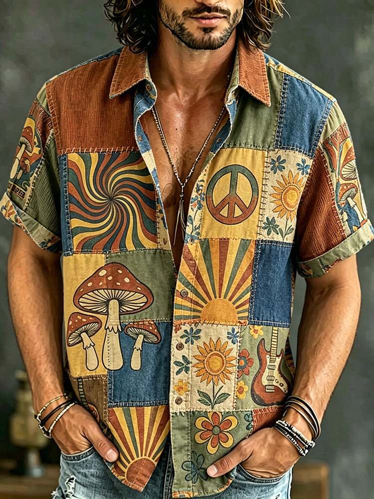 Men's Retro Bohemian Hippie Style Printed Short-sleeve Shirt