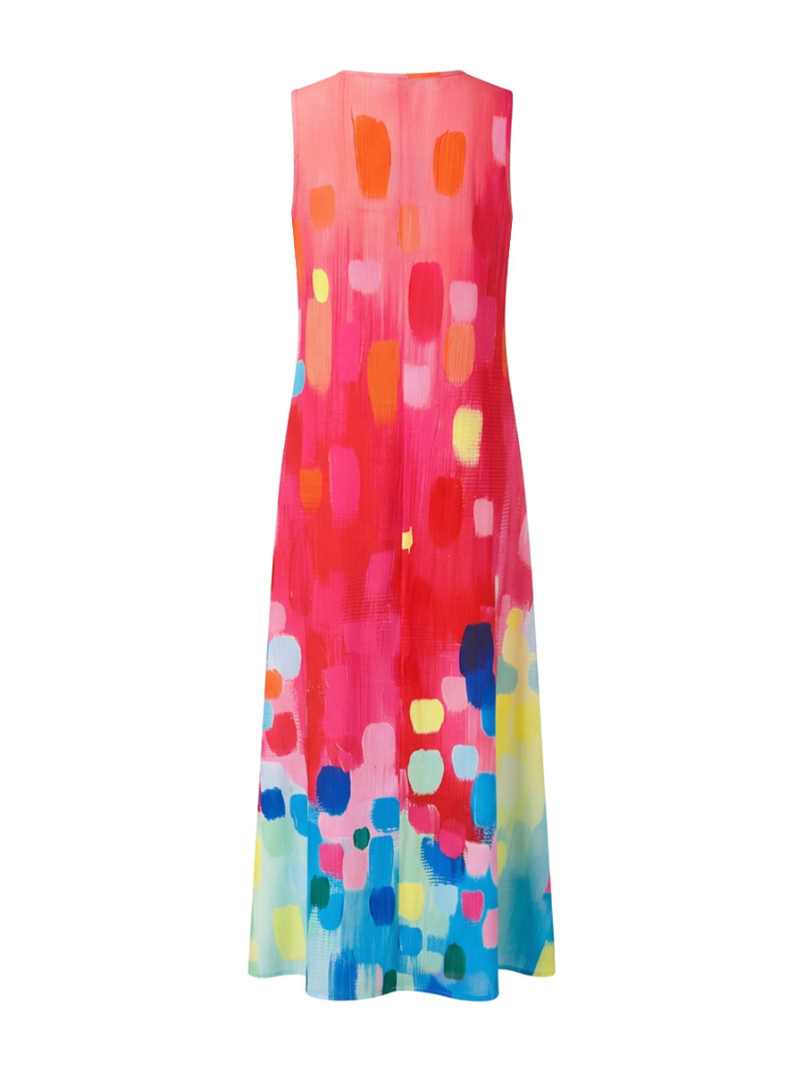 Loose Sleeveless Contrast Color Printed V-Neck Maxi Dresses