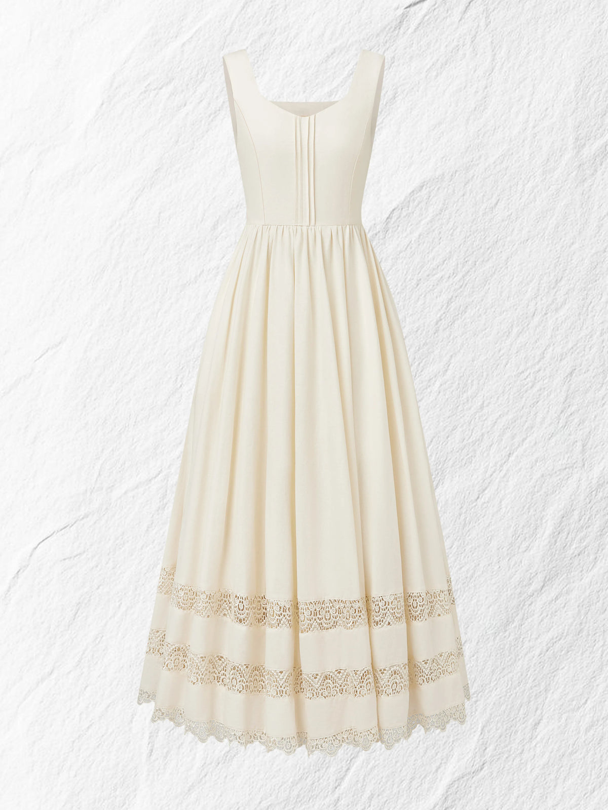 Maxi Linen Dress, Sleeveless, Sweetheart Neckline, Plain, Lace, Vintage, White