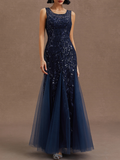 Purplish Blue Sequin Crew Neck Sleeveless Sheath Maxi Mother of the Bride or Groom Dress
