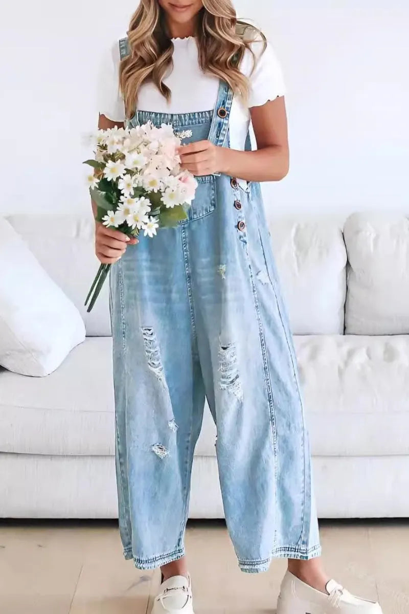 Women's Casual Adjustable Straps Denim Bib Overalls Distressed Ripped Wide Leg Jeans Long Pants Jumpsuits