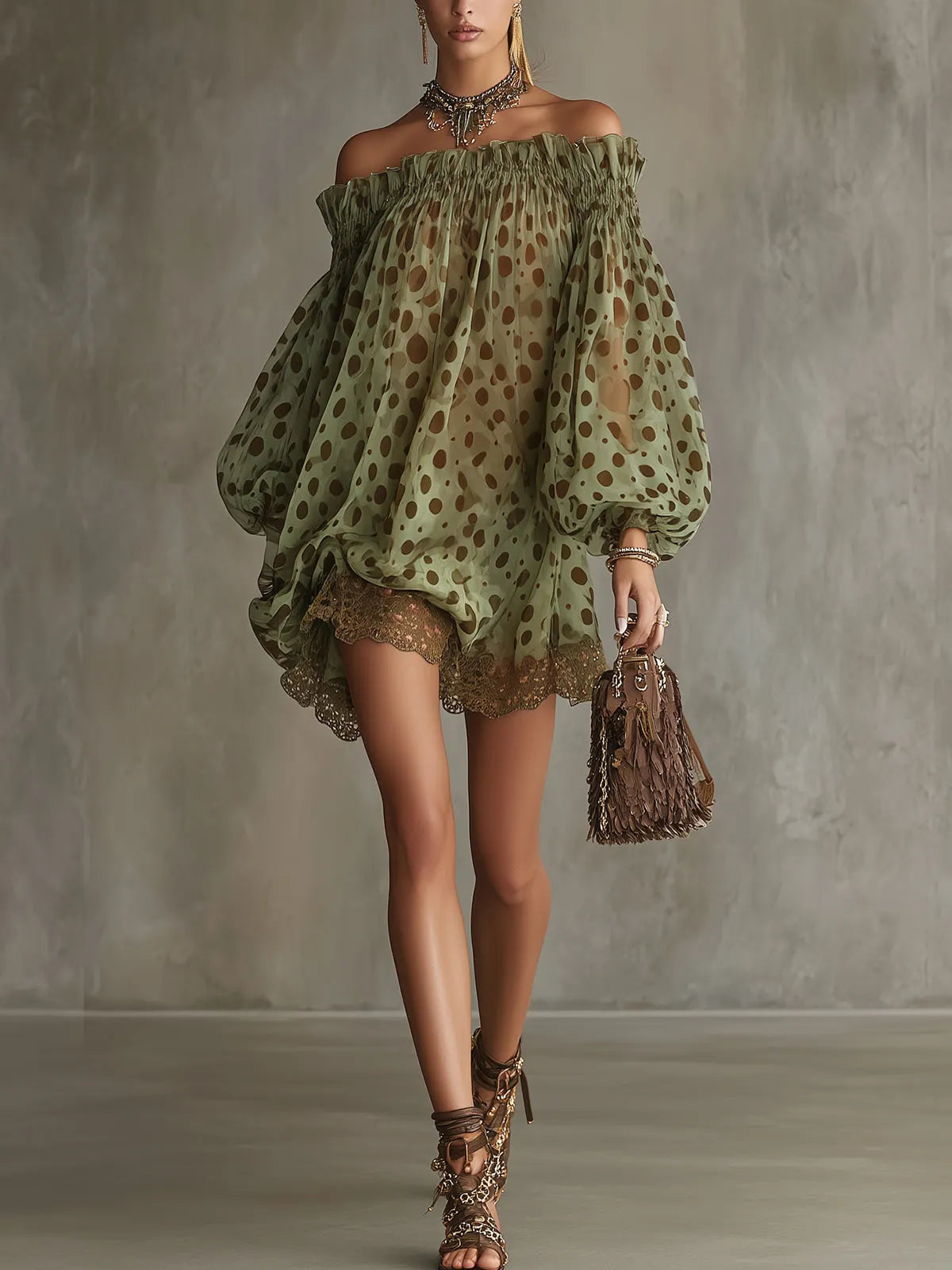 Olive Polka Dot Off-Shoulder Sheer Balloon-Sleeve Lace Hem Mini Dress