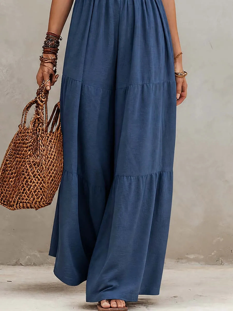 Retro Ruffle Neck Cotton And Linen Jumpsuit