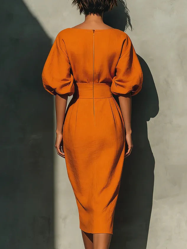 Cotton Elegant Plain Crew Neck Midi Dress
