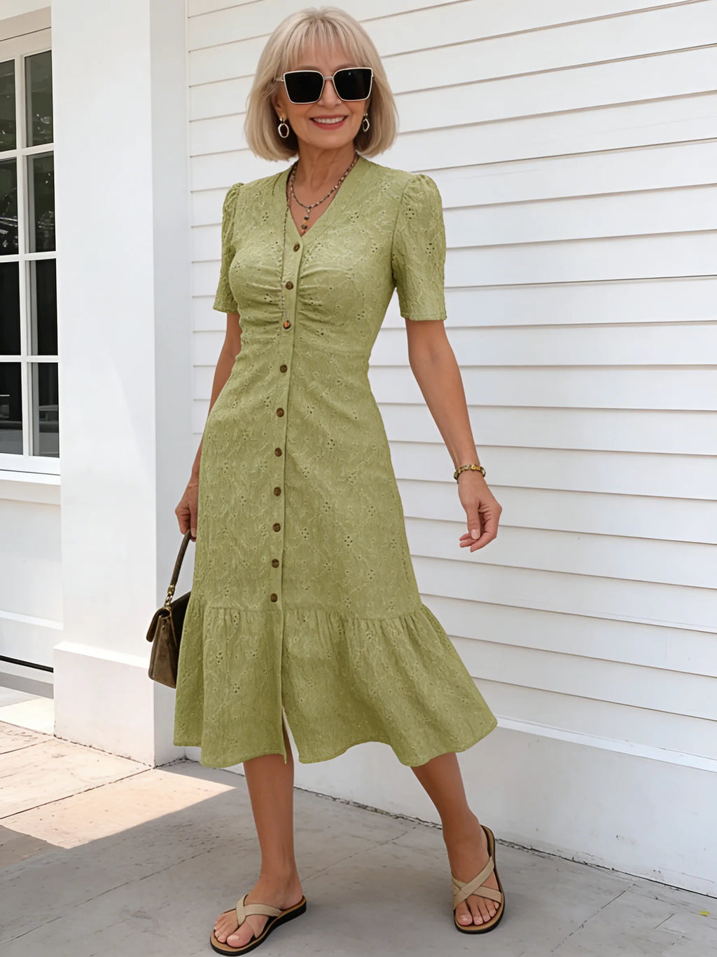 Textured Fabric Hollow Fabric Fashion Dress Short Sleeve Solid Color