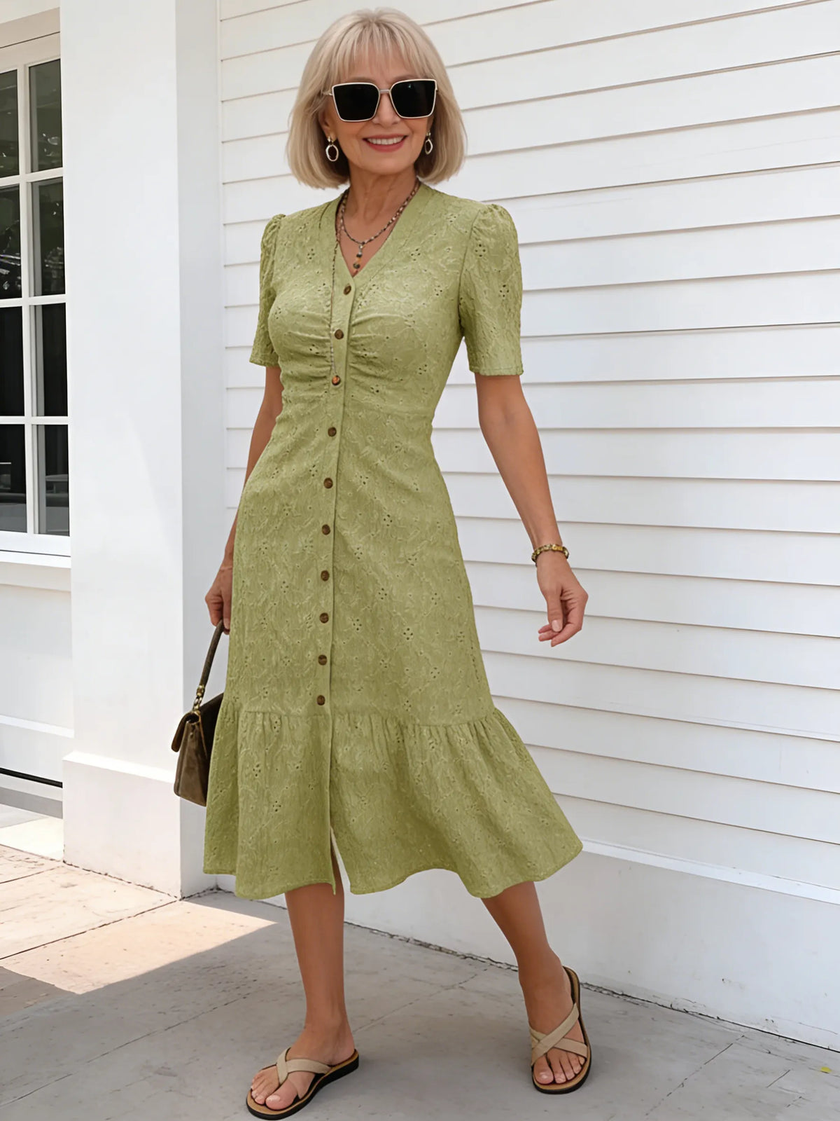 Textured Fabric Hollow Fabric Fashion Dress Short Sleeve Solid Color