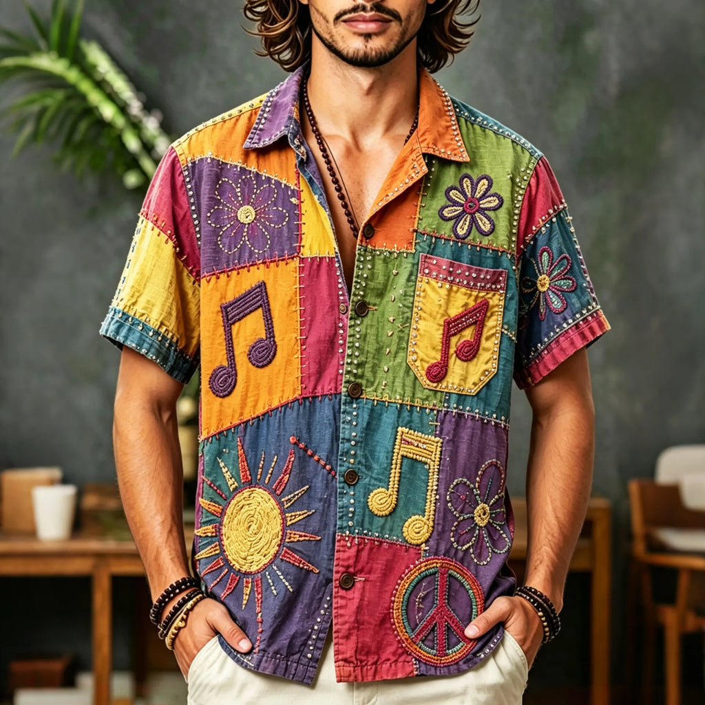 Men's Patchwork Floral Musical Design Short-sleeved Linen Shirt