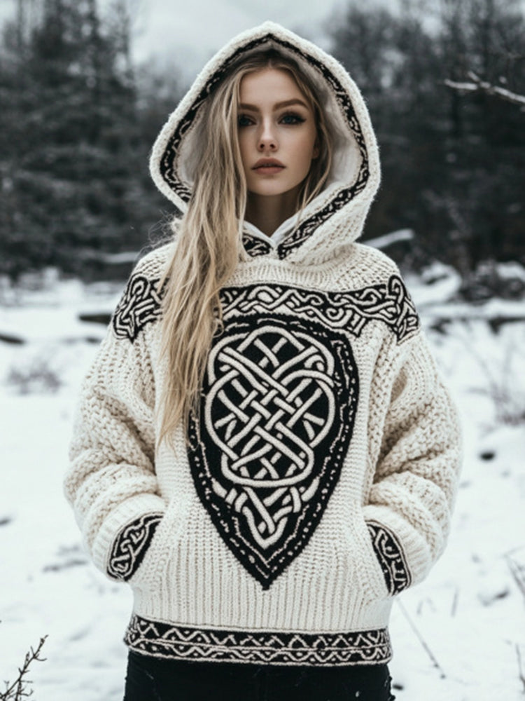 Women's Tribal Knit Jacquard Warm Hooded Sweater