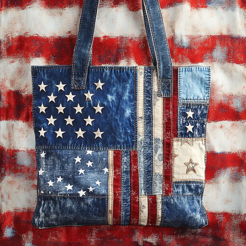 Independence Day Denim Patchwork Print Canvas Bag
