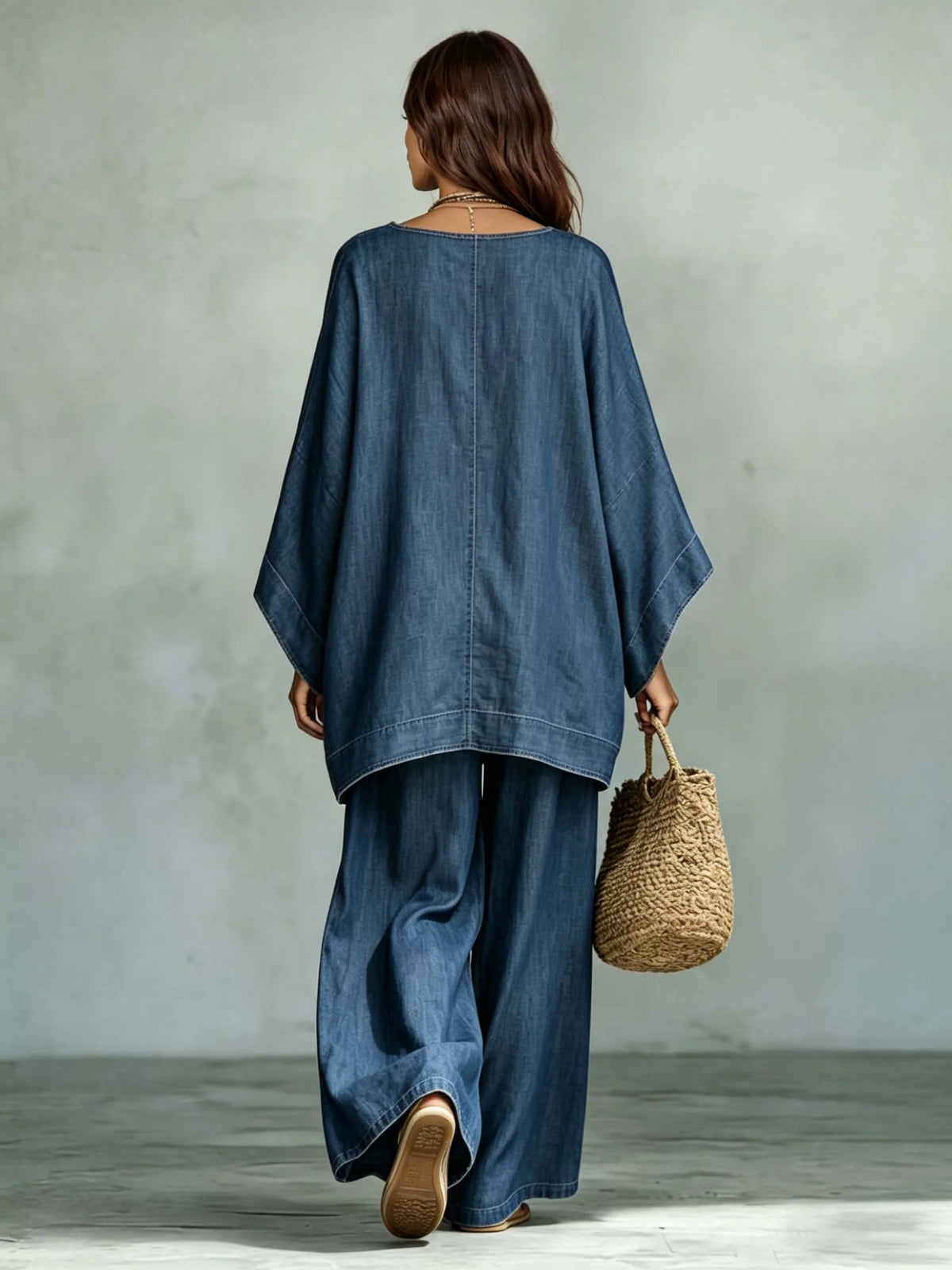 Denim Oversized Top & High‑Slit Wide Leg Pants Co‑Ord Setrd Set