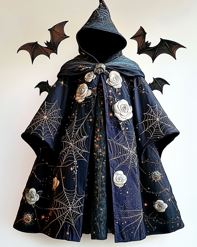 Halloween themed white rose and spiderweb embroidered cape d013