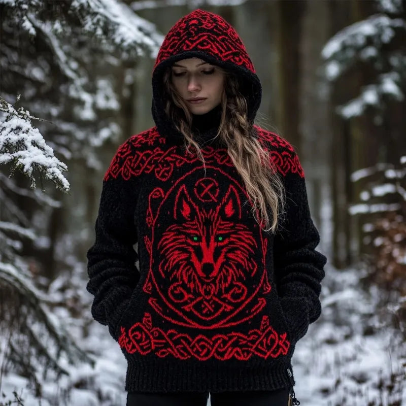 Viking Wolf Inspired Celtic Jacquard Cozy Hooded Sweater