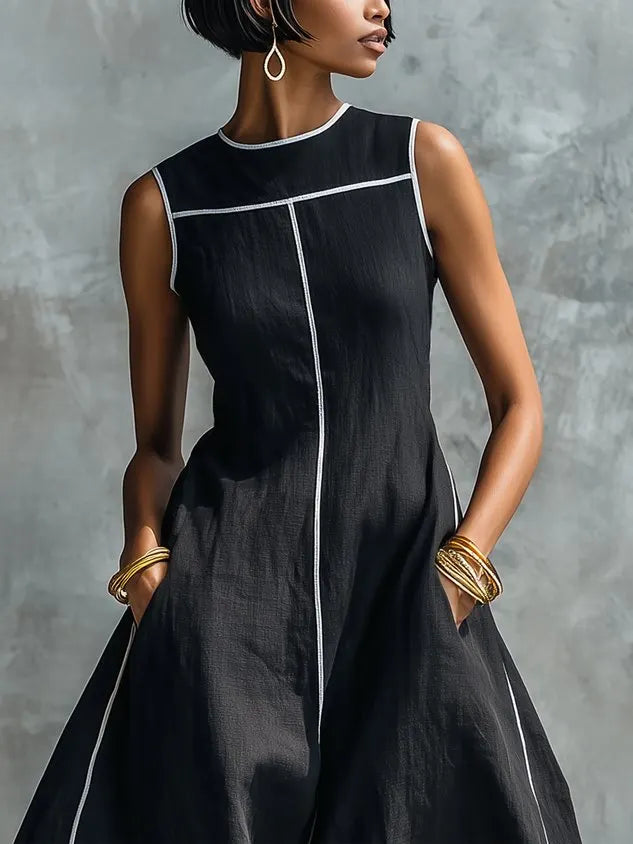 Casual Color Block Cotton Linen Sleeveless Pocket Maxi Dress
