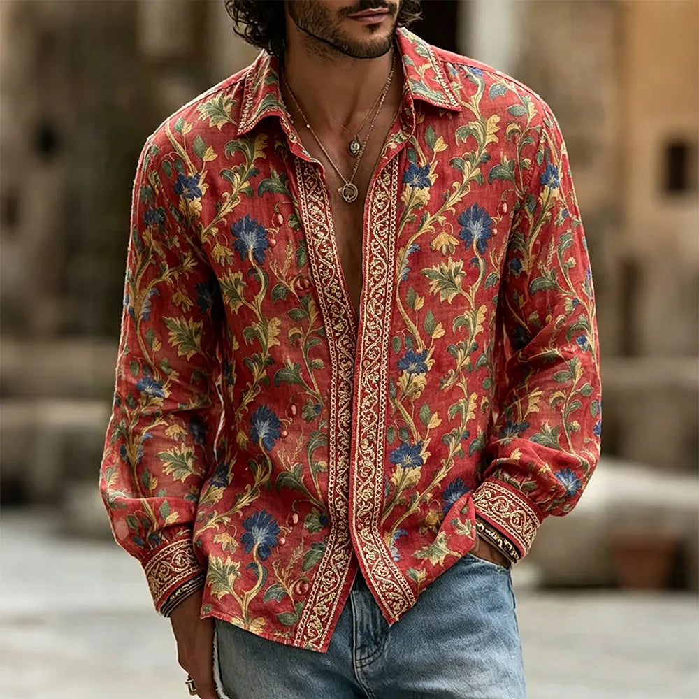 Men's Vintage Medieval Floral Art Pattern Linen Blouse