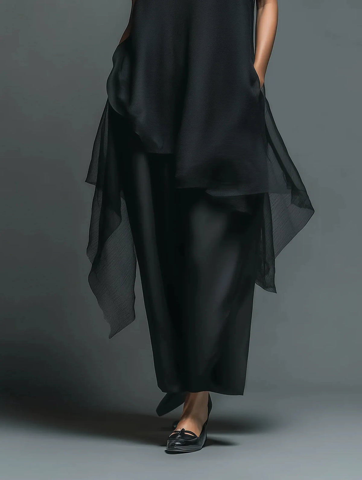 Gurtons Avant-Garde 2-Piece Set - Sheer Mesh Layered Chiffon Maxi Dress in Midnight Black