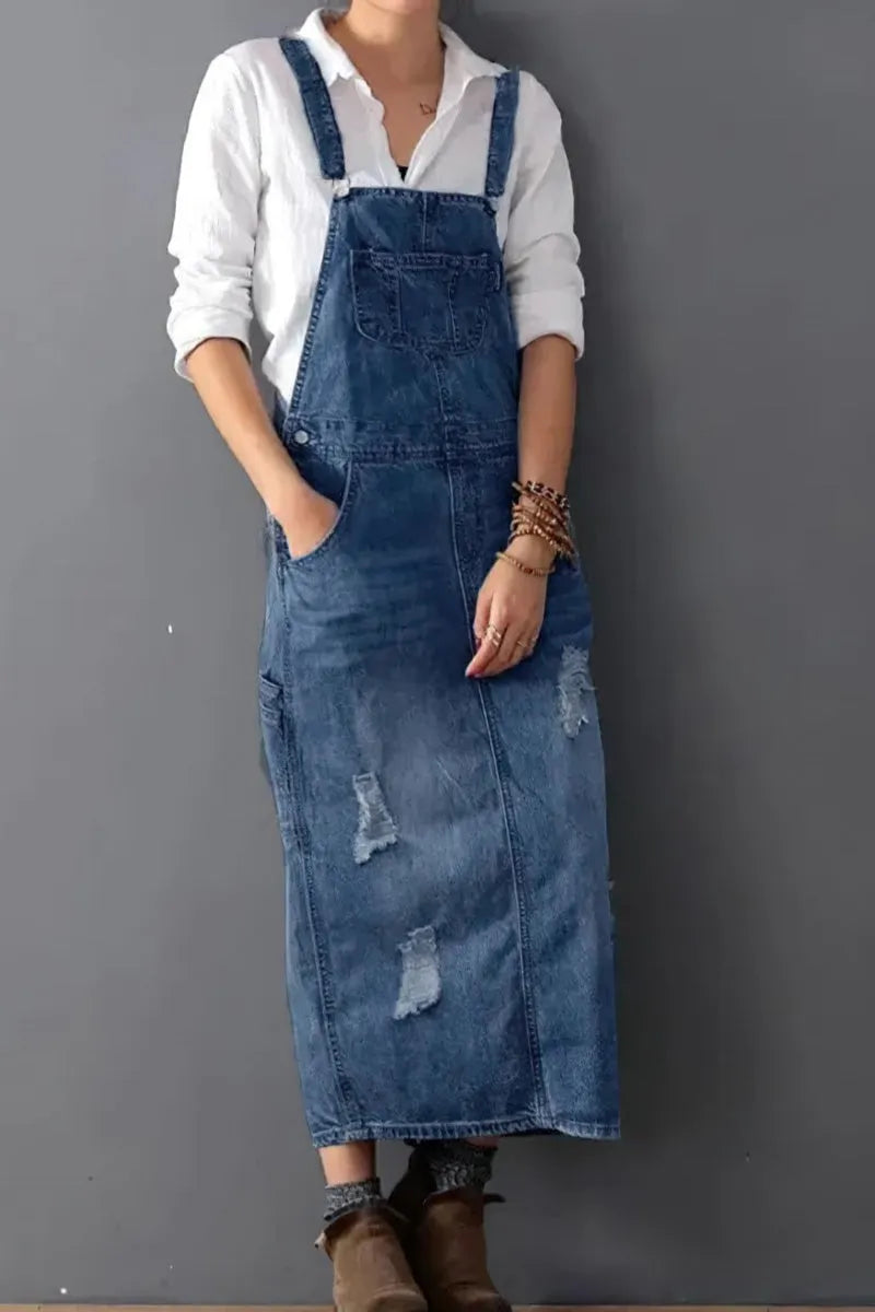 Women's Adjustable Strap Distressed Denim Overall Dress A-Line Pinafore Jean Dress with Split