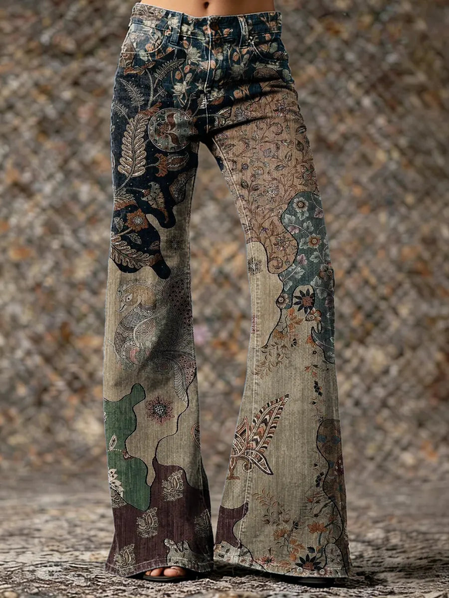 Women's Vintage Floral Art Print Casual Washed  Pants