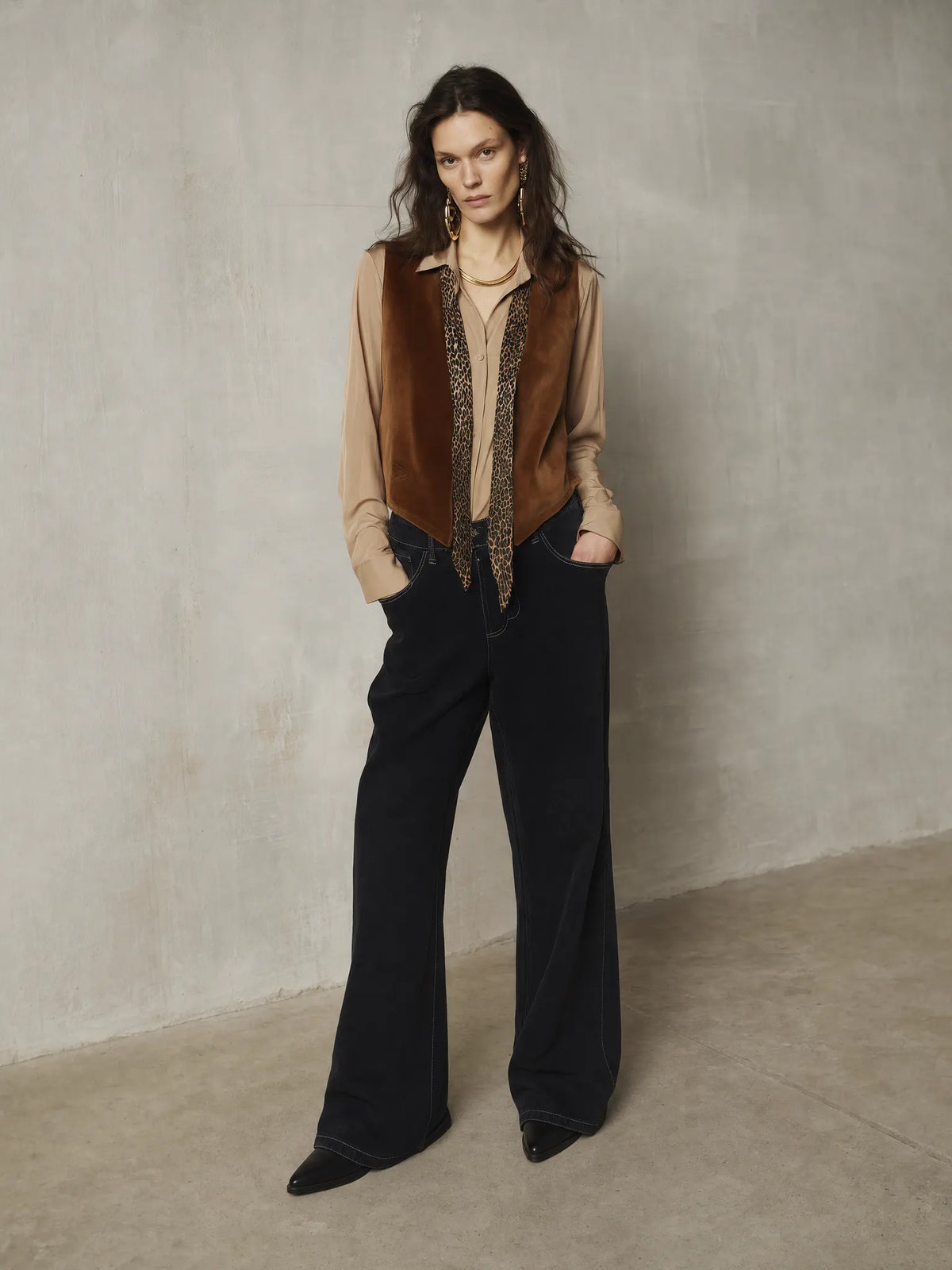 Refined Camel Suede Leopard Accent Two-Piece Set