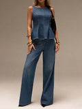 Women's Sleeveless Ruffle Casual Denim Set