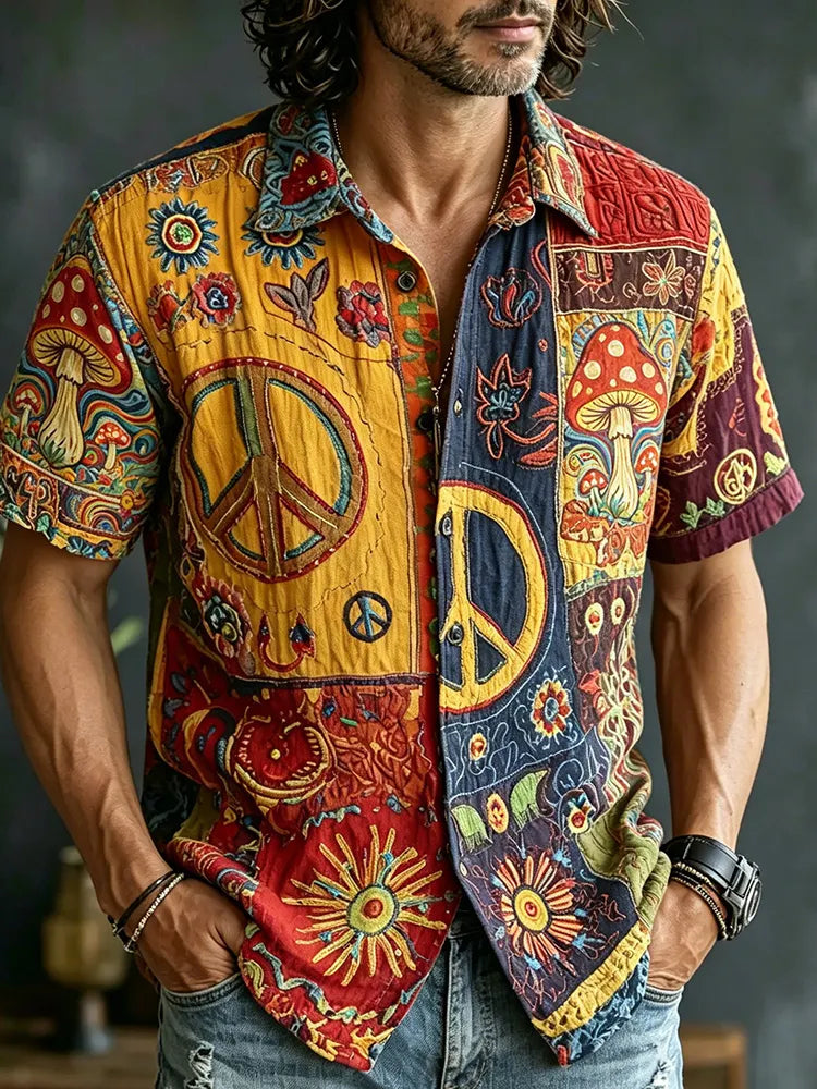 Men's Retro Hippie Style Peace Logo Floral Mushroom Print Casual Shirt