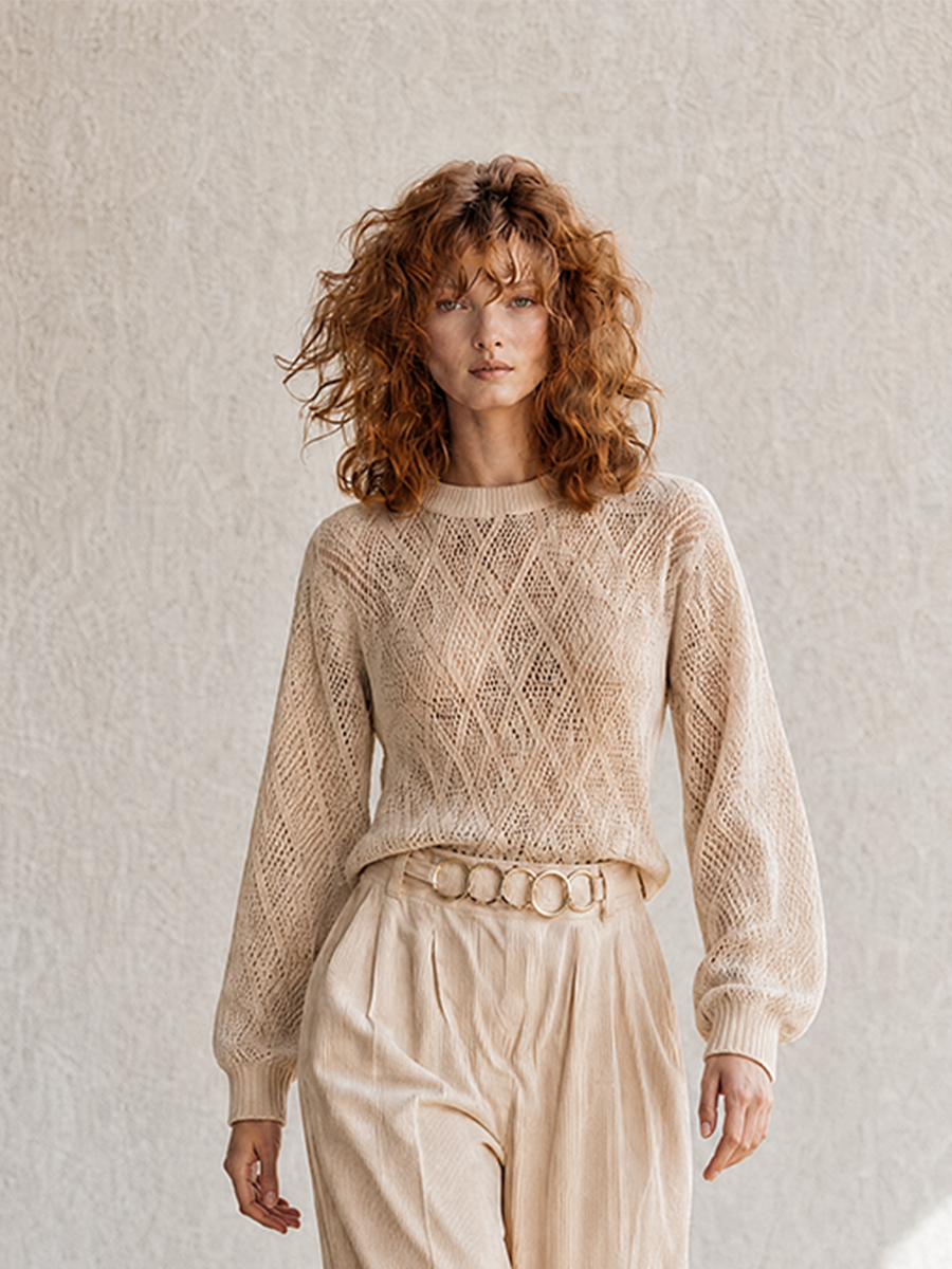 Women's Elegant Casual Beige Pointelle-Knit Round-Neck Blouson-Sleeve Sweater & Metal-Belt Cotton-Linen Wide-Leg Trouser Set MDZ2348G8CMX