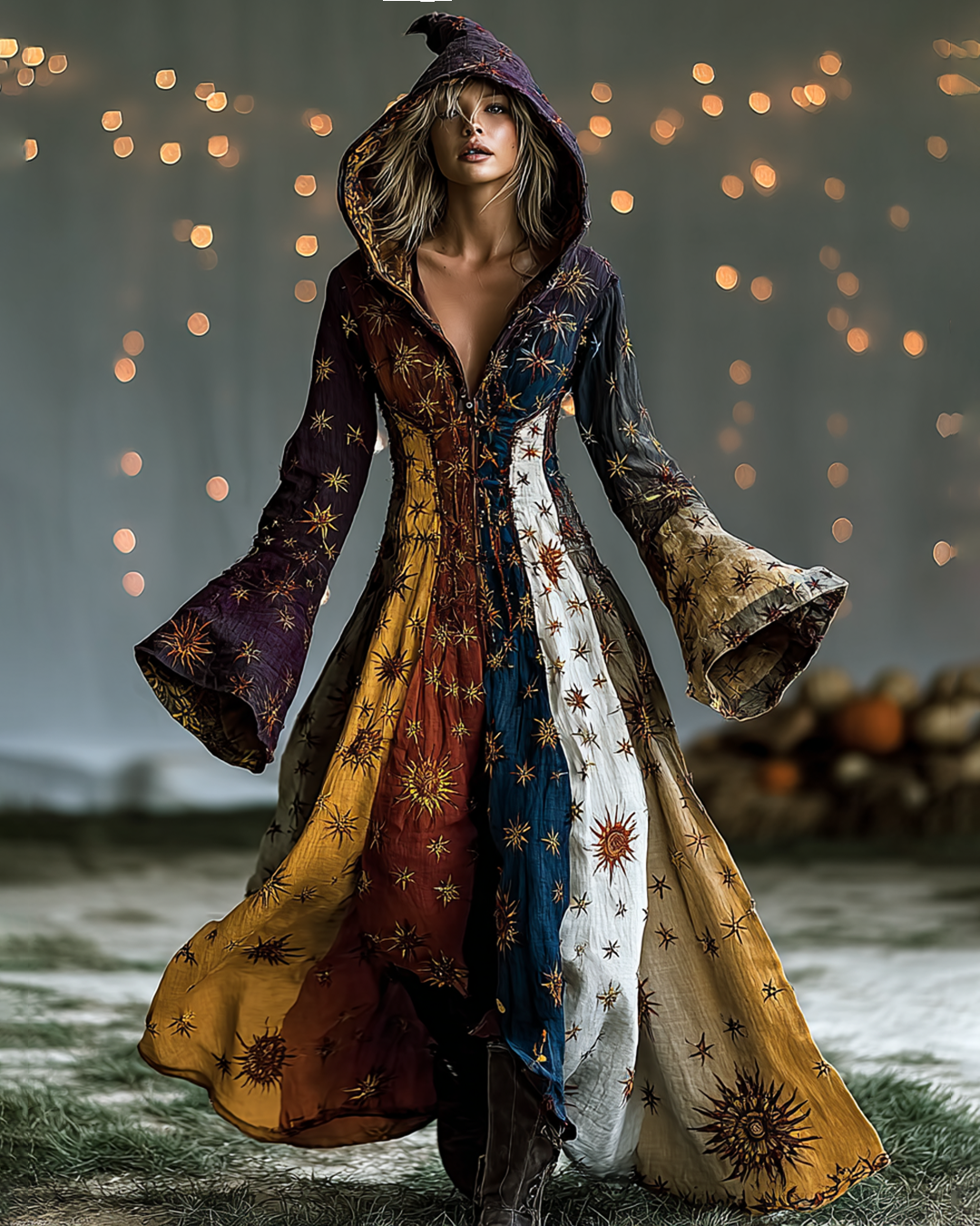 Star And Moon Themed Embroidery Contrast Color Hooded Witch Dress  a6ec