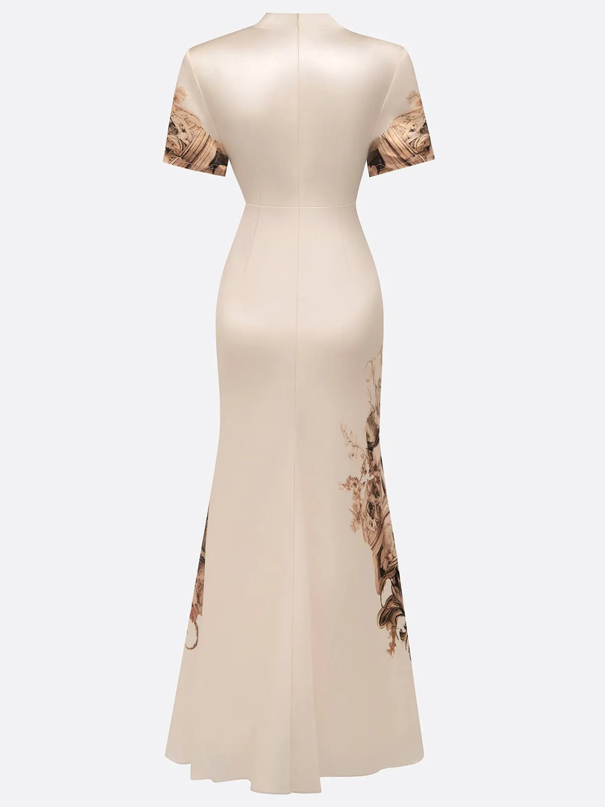 Beige Floral Satin Deep V Neck Short Sleeve Mermaid Gown Dress