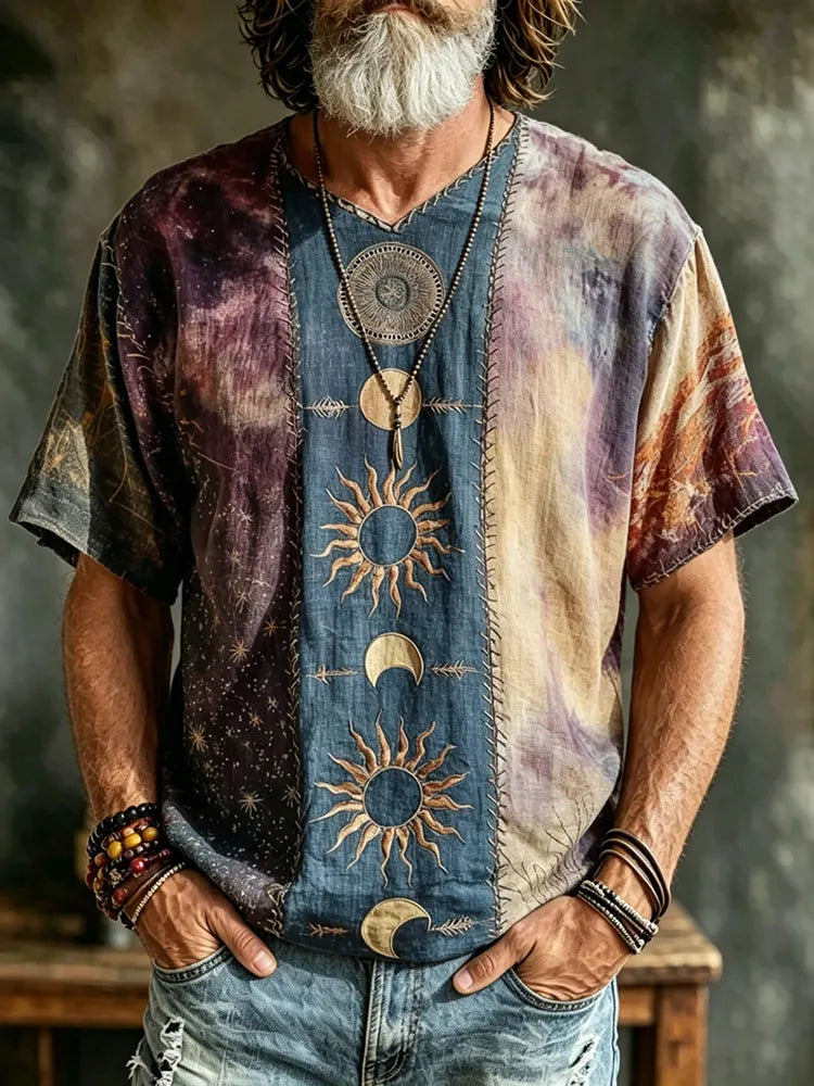 Men's  Hippie Sun Moon Star Patchwork Pattern Print T-shirt