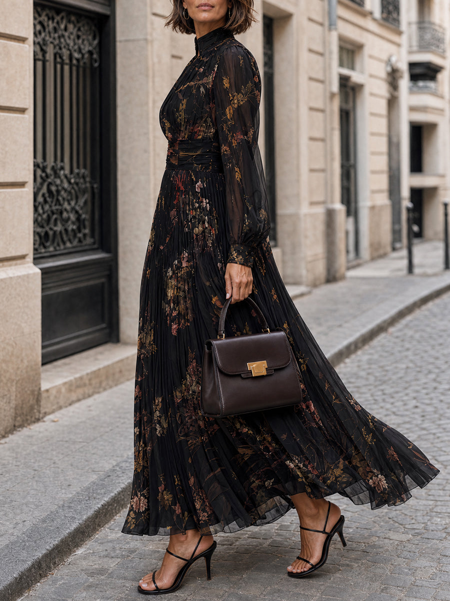 Black Elegance Long Sleeves Floral Print Pleated Maxi Dress