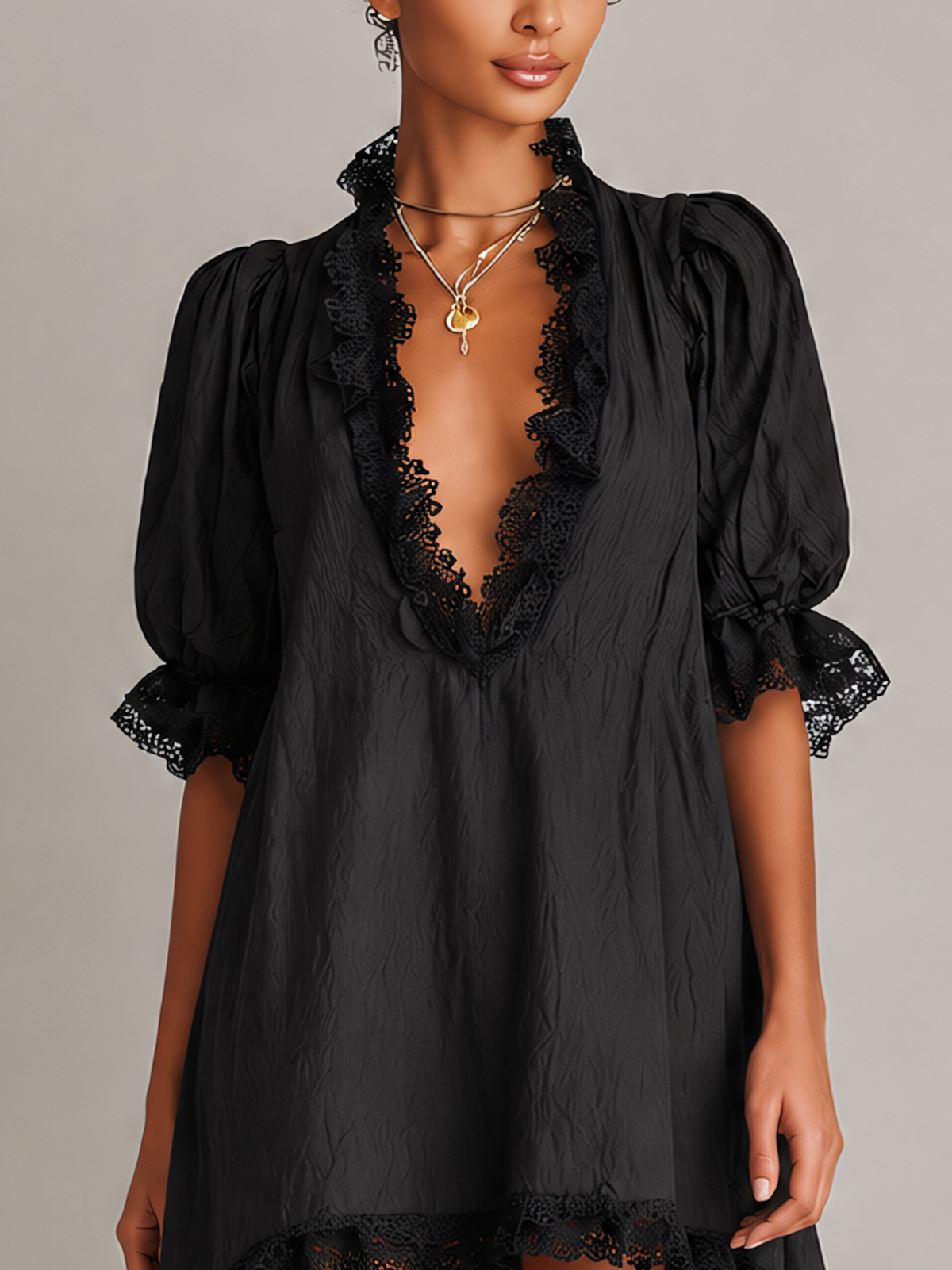 Black Textured Lace Trim Irregular Hem Puff Sleeve Mini Dress