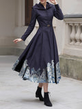 Midi Cotton Dress, Long Sleeves, Stand Collar, Floral, Button Design, Vintage, Deep Purple